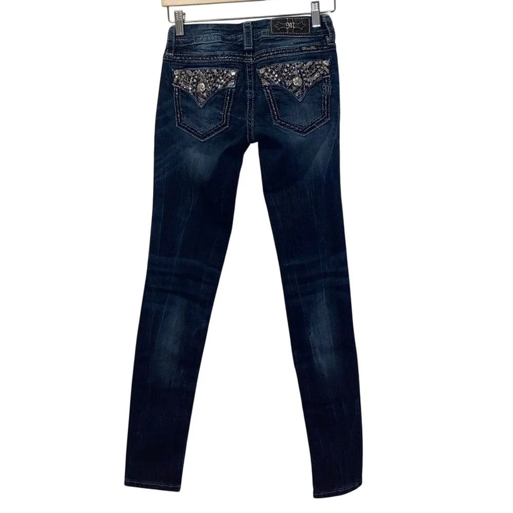Miss‎ Me Dark Wash Signature Skinny Distressed Shiny Stitched Jeans 25